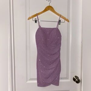 Juniors gathered Tulip-hem dress, lilac, homecoming